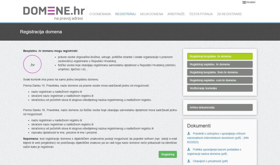 Stranica za registraciju besplatne .hr domene